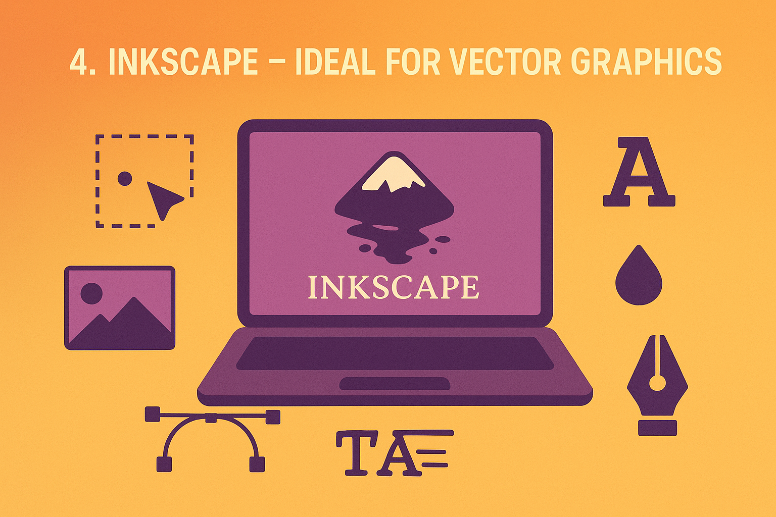 A flat-style landscape digital illustration promoting Inkscape as a free graphic design tool for vector graphics. The scene features a purple laptop displaying the Inkscape logo, surrounded by vector editing icons such as selection, path curves, text, image thumbnails, a droplet, and a pen tool. The background is a warm orange-to-yellow gradient, emphasizing creativity and precision. The top text reads “4. INKSCAPE – IDEAL FOR VECTOR GRAPHICS” in bold off-white letters.