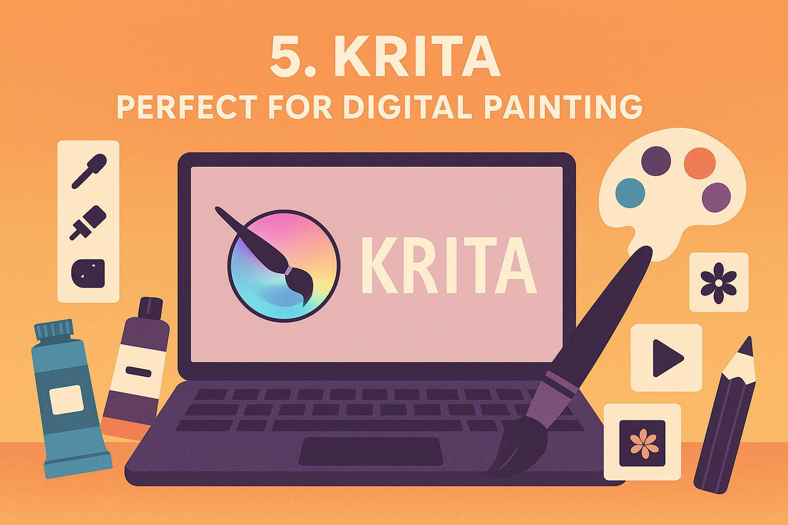Flat-style illustration of a laptop showing the Krita logo, surrounded by painting tools on an orange background.