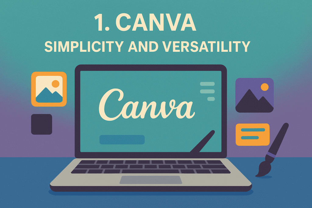 A flat-style landscape digital illustration promoting Canva as a free graphic design tool. The scene features a laptop with the Canva logo on its screen, surrounded by design-related icons such as image thumbnails, text boxes, and a paintbrush. The background is a smooth teal-to-purple gradient, creating a modern and creative atmosphere. The top text reads “1. CANVA – SIMPLICITY AND VERSATILITY” in bold white letters.