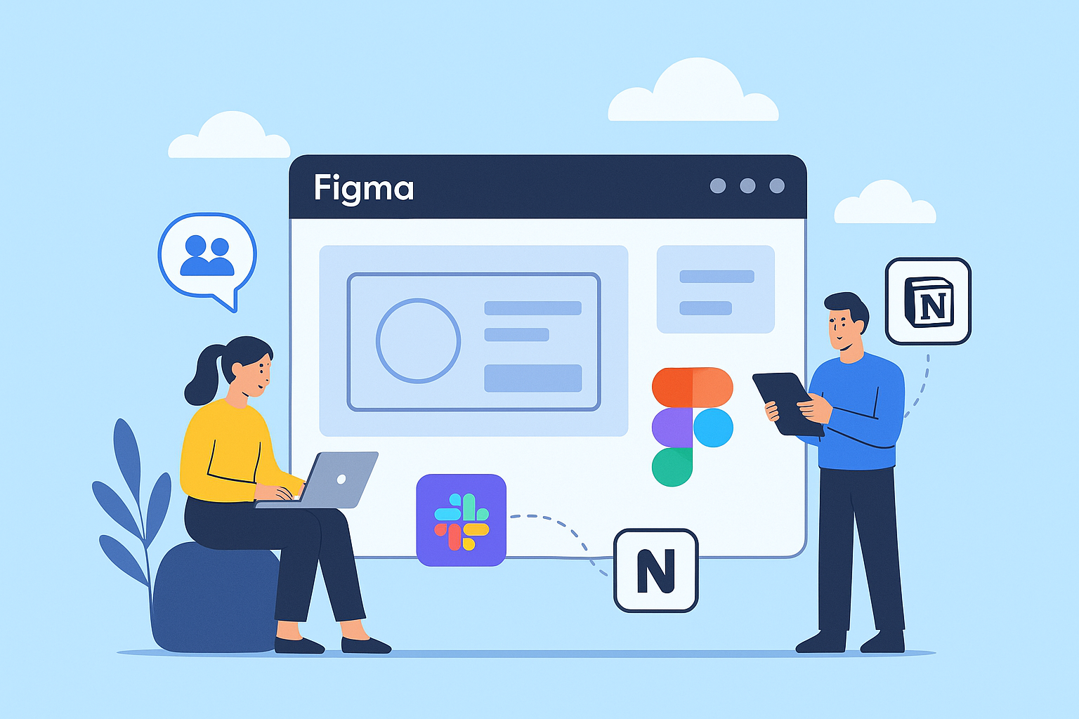 2D illustration of two people collaborating on Figma, with a large Figma interface on screen, Slack and Notion integration icons, and a light blue background with clouds