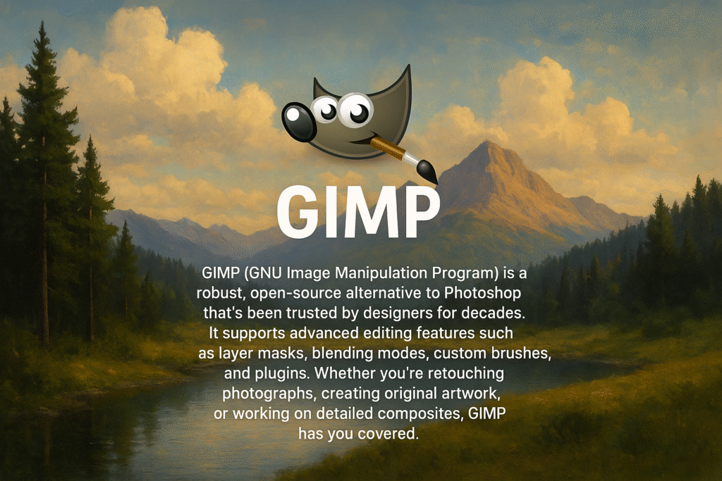 Digital landscape painting with mountains, a river, and pine trees, featuring the GIMP logo and descriptive text about its open-source image editing capabilities.