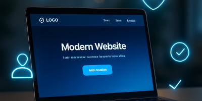 Sleek laptop screen showing a modern homepage with trust symbols around it, reinforcing brand credibility.