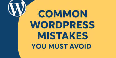 Illustration highlighting Common WordPress Mistakes with icons of errors, broken settings, and caution signs in a digital design style