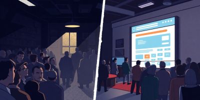 A split-scene illustration: on the left, a dim, cluttered room of people with cold, unfriendly expressions; on the right, a bright, modern User Friendly Website interface with clean lines, ample white space, vibrant accents, clear navigation bars, and intuitive icons, highlighting the contrast between outdated UI/UX and a welcoming User Friendly Website.