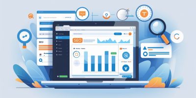 Illustration of WordPress dashboard with SEO tools and graphs, representing WordPress SEO optimization.