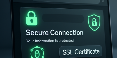 Laptop screen showing a secure website with a green padlock icon and SSL certificates badge, symbolizing trust and online protection.