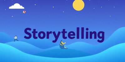 Illustration depicting Visual Storytelling with animated characters moving through a stylized landscape and large bold text reading Storytelling