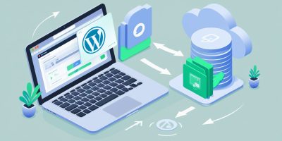 Illustration of WordPress deployment: laptop migrating site files and database to a cloud server