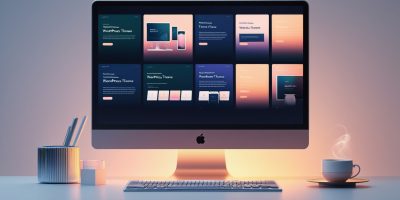 Illustration of a user selecting a WordPress theme with layout previews on a screen